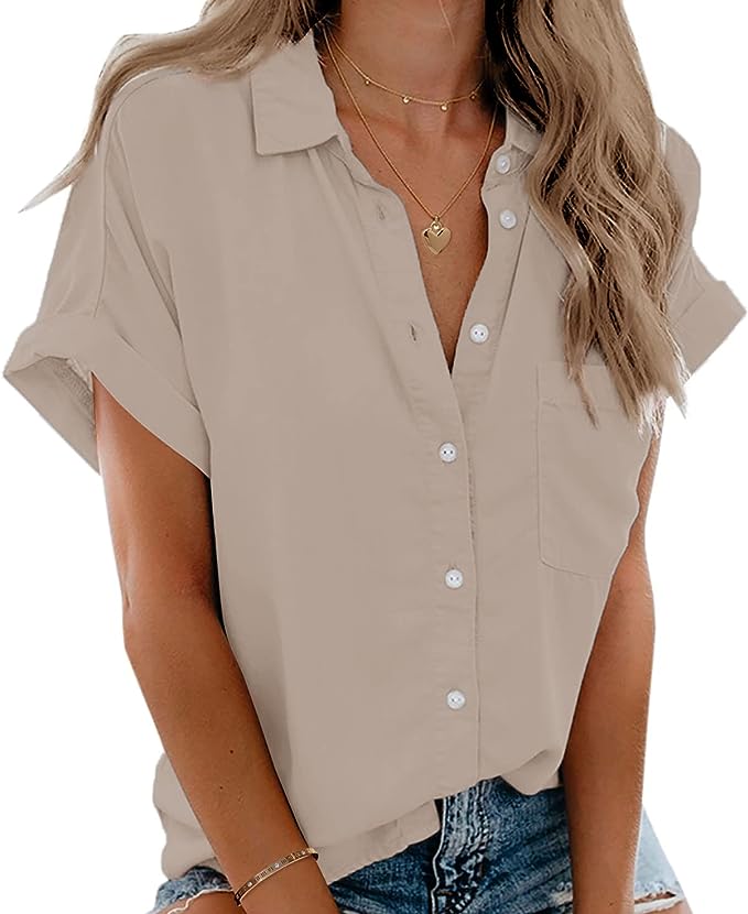 Womens Short Sleeve Shirts V Neck Collared Button Down Shirt Tops-Safari Outfits