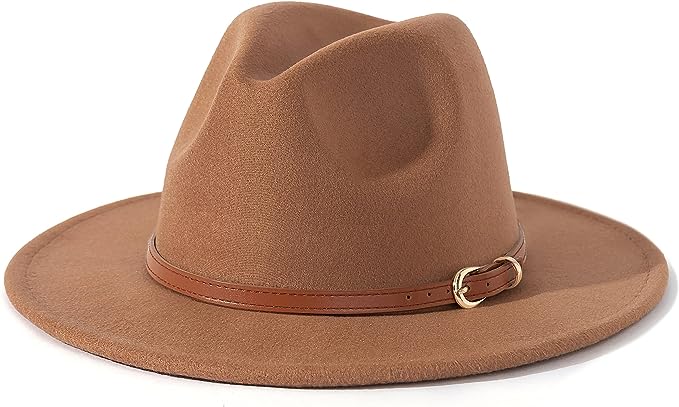 Classic Felt Fedora Wide Brim Hat with Belt Buckle-Safari Outfits